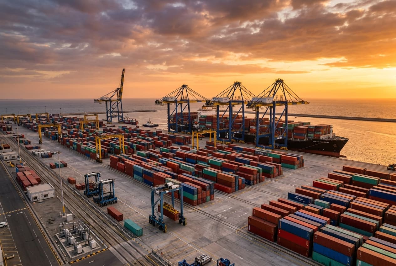 Container port terminal with cargo ships and cranes representing global export and sourcing operations