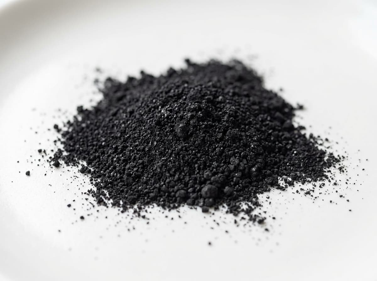 Fine black powdered activated carbon on a white surface
