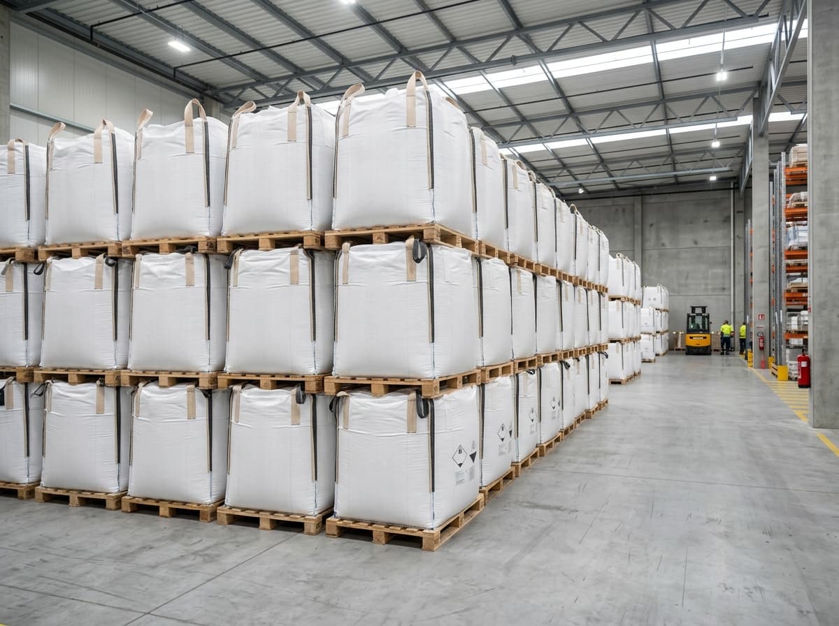 Industrial bulk bags stacked in a warehouse for chemical packaging